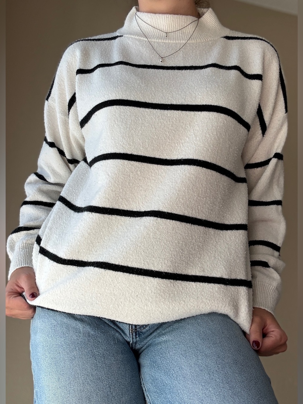 a new day White Crewneck Sweater with Black Stripes